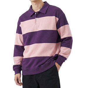 Polo-shirts rayés à manches longues sur mesure en gros, en jersey de coton épais, coupe décontractée, ourlet côtelé, style rugby, pour hommes - Product Image 1