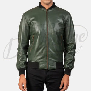 Men Dark Green Genuine <b>Leather</b> Bomber <b>Jacket</b> Slim Fit Casual Outerwear with Ribbed Trim and Zippered Side Pockets - Product Image 3
