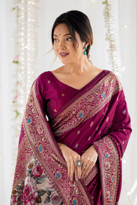 Sari de Seda con Estampado Digital Morado y Borde Floral para Mujer, Ropa de Boda Tradicional India, Protección Solar para Todas las Estaciones - Product Image 5