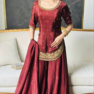 Ramdev Trading Women's Heavy Roman Crep <b>Silk</b> <b>Kurta</b>/Pant/Dupatta Set Embroidery Work Quick Dry Modern Style Party - Product Image 1