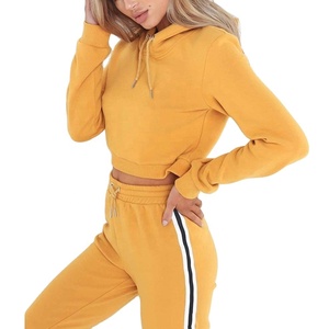 Wholesale women's plain crop top <b>long</b> sleeve hoodie with <b>matching</b> stripped pants two piece sweat suit set - Product Image 1