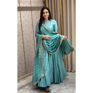 VESTIDO LISO DE SEDA FRANCESA DE DISEÑADOR CON BORDADO DE GEORGETTE CODIFICACIÓN TRABAJO DUPATTA SKY - Product Image 1