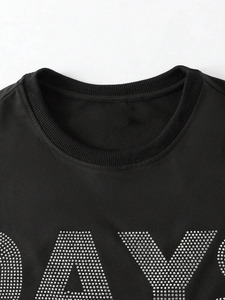 Oversized <b>Black</b> Rhinestone Graphic T <b>Shirt</b> Sparkling Letter Print Streetwear Loose Fit Cotton Blend Casual Fashion Men's <b>shirts</b> - Product Image 2