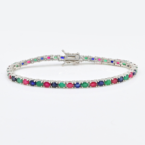 Natural Multi Stone <b>Sterling</b> <b>Silver</b> Plated Tennis <b>Bracelet</b> With Colorful Oval Shape Ruby Emerald And Blue Sapphire Gemstone - Product Image 3