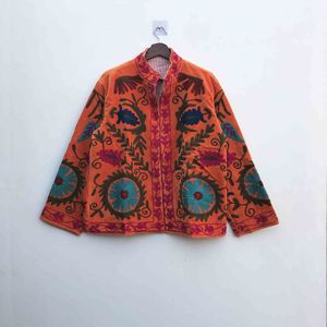 Orange <b>Velvet</b> Embroidered <b>Jacket</b> <b>Women</b> Mandarin Collar Full Sleeve Hand Embroidery Floral Pattern Autumn Outerwear Suzani - Product Image 2