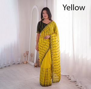 Sari de seda amarillo bordado con blusa negra, traje tradicional indio para bodas, para mujer, largo hasta el suelo, corte regular. - Product Image 1