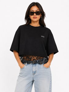 Women's Oversized Boxy Cropped Blouse Luxury Lace Stitching Drop Shoulder women's shirt 100% Cotton Short Sleeve Casual Top DTG - Product Image 4