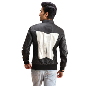 <b>Men</b>’s <b>Black</b> and White Genuine Leather Racer <b>Jacket</b> Two Tone Color Block Stand Collar Full Zip Casual Outerwear - Product Image 2