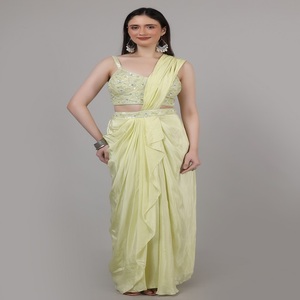 Elegante Saree de Diseño para Mujer, Listo para Usar, para Fiestas, con Cuentas, Lentejuelas y Pedrería - Product Image 1