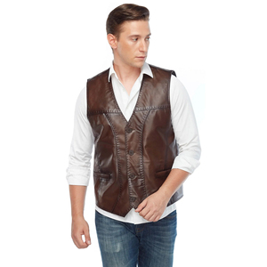 Men's Brown Leather Vest V-Neck Zipper Closure Breathable Casual Outer Wear Regular Fit Winter Street Style - Product Image 4