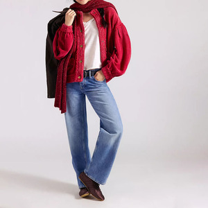 Cárdigan de punto rojo para mujer al por mayor, manga globo completa, color liso, top informal de otoño, cuello redondo, cierre de botones - Product Image 4