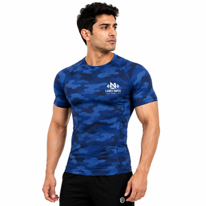 Men's <b>Blue</b> Camo Compression Rash Guard Short Sleeve Athletic Gym Shirt Fitness Training Workout Sports <b>Base</b> <b>Layer</b> Sportswear ( - Product Image 1