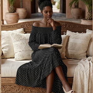 <span class=keywords><strong>Vestido</strong></span> largo negro con <span class=keywords><strong>lunares</strong></span> y hombros descubiertos para mujer, <span class=keywords><strong>vestido</strong></span> largo fluido con volantes y cintura fruncida de manga larga para vacaciones - Product Image 1