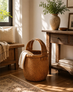 Panier rond rustique en fibres végétales avec poignée, artisanat en bambou et rotin, rangement décoratif pour la maison - Product Image 1