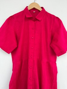 Robe chemise longue Y2K en coton slub rose vif naturel pour femme, à manches courtes, boutonnée, à volants, décontractée pour l'été, faible MOQ, fabricant - Product Image 2
