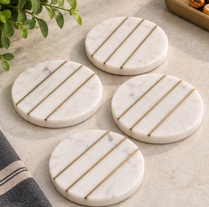 Juego de 4 posavasos redondos de mármol atractivo de latón AK con diseño de 3 revestimientos Artículo de alta calidad para utensilios de cocina/Decoración de mesa - Product Image 1