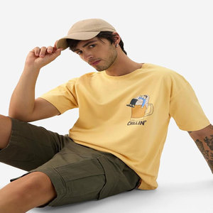 เสื้อยืดผู้ชายสีเหลืองทรงปกติ พิมพ์ลายเรียบ แขนสั้น สวมใส่สบาย ผลิตจากผ้าฝ้ายเจอร์ซีย์ 100% ป้องกันรอยยับ แห้งเร็ว - Product Image 4