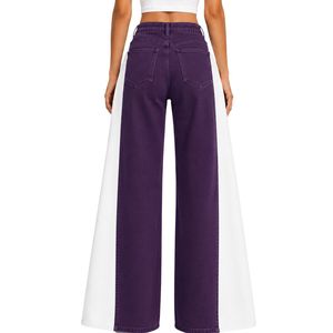 Vaqueros anchos morados y blancos personalizados para mujer, pantalones de mezclilla de cintura alta con paneles en contraste, pantalones casuales de moda urbana de corte holgado - Product Image 2