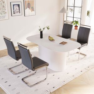 Set da Pranzo 4 Pezzi: Tavolo in MDF Stile Moderno Medievale Crema da 160 cm con Sedie Senza Braccioli in PU e Gambe in Metallo Placcato Argento per Sala da Pranzo - Product Image 5