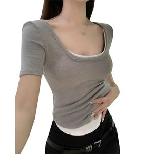 Camisetas Lisas de Manga Corta con Cuello Redondo para Mujer, de Seda/Algodón Dobby Bordado, Ajuste Regular, Sexy, Verano 2025, Venta al por Mayor - Product Image 1