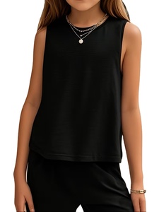 Ensemble 2 pièces d'été pour filles : débardeur en maille polyester-coton et pantalon large, couleur unie, respirant et frais - Product Image 3