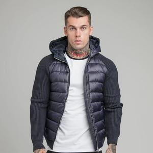 Chaqueta Híbrida Acolchada para Hombre al por Mayor |   Abrigo de invierno acanalado con capucha y mangas tejidas, proveedor mayorista de ropa acolchada personalizada - Product Image 1