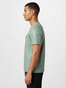 T-shirt en cuir véritable pour homme, col rond, cuir souple de qualité supérieure, vêtement décontracté, t-shirt en cuir personnalisé avec poche, manches courtes en cuir - Product Image 3