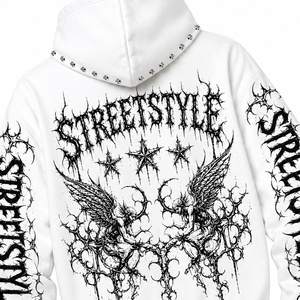 Sweat-shirt à capuche zippé blanc personnalisé avec motif graphique, manches longues, style streetwear, mode décontractée unisexe, confort optimal. - Product Image 4