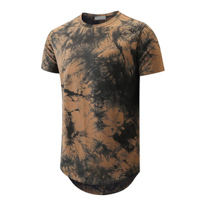 Brown Black Tie Dye Longline Curved Hem Tee Men Short Sleeve Crew Neck Cotton Wholesale Top - Product Image 1