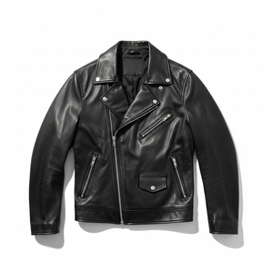 Blouson moto en cuir noir pour homme, col rabattu, fermeture éclair, manches classiques, couleur unie, pour l'automne - Product Image 1