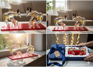 Figurine artisanale en verre de vache et de taureau, décoration de luxe pour la maison, cadeau, objet de décoration pour mariage, anniversaire, Saint-Valentin, export, présentation sur table - Product Image 6