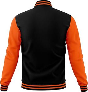MOMENTUM Men's Black Orange Winter Varsity Jacket Regular Fit O-Neck Single Button Casual Style <b>Genuine</b> Leather Reversible - Product Image 3