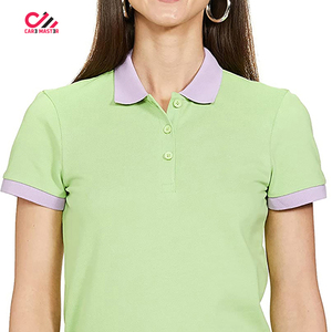 Polo à manches courtes pour femme, couleur unie, tricoté, style décontracté avec bordure et col à carreaux à l'intérieur - Product Image 4