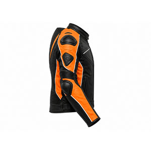 Chaqueta de motociclismo de cuero negra y naranja personalizada para hombre con armadura en hombros y codos y respaldo aerodinámico. - Product Image 5