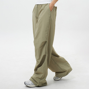 <b>Women</b> Camo Embroidery Print Bottom Rhinestone Waterproof Tactical Olive Green Wide Leg <b>Jogger</b> Nylon Loose Track Windbreaker Pant - Product Image 4
