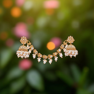Boucles d'oreilles Jhumki en or 14 carats avec perles d'eau douce - Perles blanches naturelles de qualité AAAA pour mariage et soirée - Product Image 3