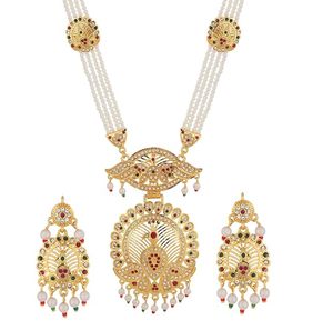 Parure de bijoux indiens plaqués or en alliage, collier et boucles d'oreilles, design ethnique doré pour femme, idéal pour mariage et soirée - Product Image 2