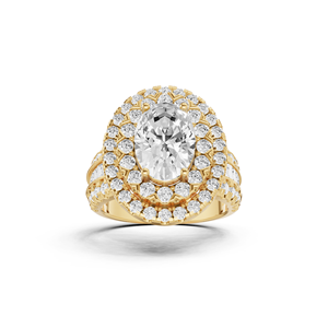 Bague de fiançailles solitaire en or jaune 14 carats avec diamant de laboratoire taille ovale de 2 carats, sertie d'un double halo central, bijoux fins de mariée - Product Image 1