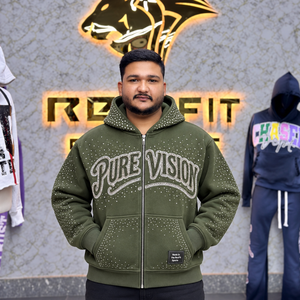 Sweat à capuche unisexe surdimensionné personnalisé avec fermeture éclair, en molleton épais, motif graphique en strass, style streetwear, poche kangourou, étiquette personnalisée - Product Image 1