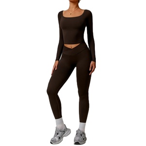 Chándal de mujer, conjunto de Yoga de 2 piezas, ropa deportiva de entrenamiento, ropa de gimnasio, Top corto de manga larga, mallas de cintura alta, trajes deportivos - Product Image 6