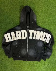Men's Vintage Acid Wash Zip Up Hoodie Oversized Cotton Sweatshirt <b>Rhinestone</b> Letter Streetwear <b>Jacket</b> - Product Image 2