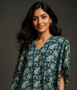 Vestido Kaftan de Algodón Transpirable Ecológico con Estampado Artesanal en Azul Índigo para Mujer, Ropa de Verano Tradicional de Jaipur con Diseño Floral - Product Image 1
