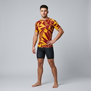 Men's Quick Dry Compression Sport Shirt Short Sleeve Geometric Pattern Gradient Color Slim Fit O-Neck Workout Top - Product Image 5