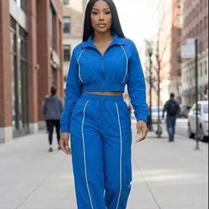 Ensembles de survêtements pour femmes en coton 100% bleu et blanc, tailles plus, hiver, col pliable, veste respirante à séchage rapide - Product Image 1