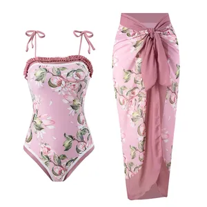Maillot de bain une pièce de luxe à imprimé floral avec volants et encolure halter, maillot de bain pour femmes en tissu extensible, style bikini - Product Image 6