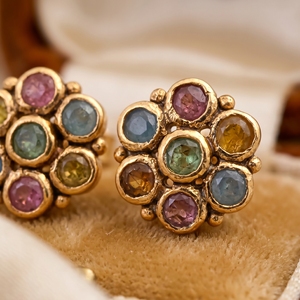 925 Sterling Silver Gold Plated Bezel Setting Multi Tourmaline <b>Stud</b> Earrings Handmade Gemstone Floral Luxury Wedding Party - Product Image 3
