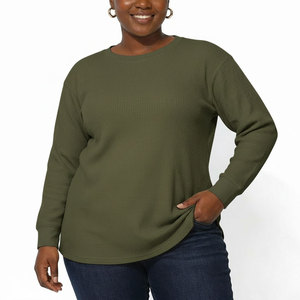 Waffle Cotton Oversized Long Sleeve T Shirt Crew Neck Ribbed Cuff <b>Thermal</b> Waffle Knit Casual <b>Top</b> for Women - Product Image 1