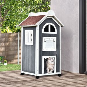 Casetta per Gatti a 3 Piani in Legno 43H, Condo per Gattini da Esterno, Motivo Grigio e Bianco, Tetto in Asfalto Rettangolare, Porte di Fuga, Scale, Grande Villa - Product Image 2