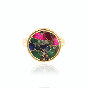 Mohave Cobre Turquesa Anillo de disco redondo Collet Setting Anillo bohemio chapado en oro de 18K - Product Image 2