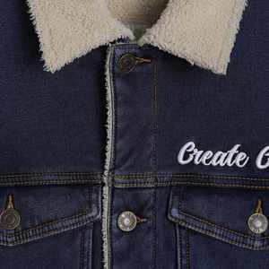 Men's Denim <b>Jacket</b> <b>Sherpa</b> <b>Lined</b> Create Chaos Embroidery Casual Autumn Button Fly Regular Fit Stonewashed Blue - Product Image 6